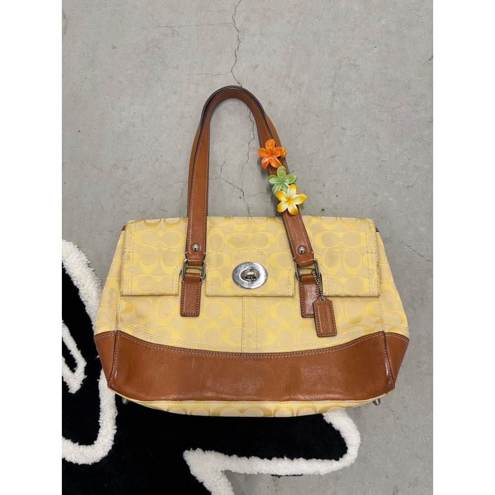 Coach Signature Yellow Canvas Tan Leather Flap Satchel Bag F13070